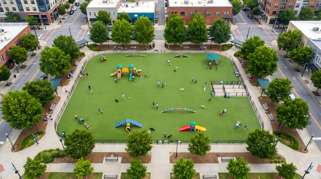 Urban community pet park with children playing on playground equipment surrounded by green lawn and trees