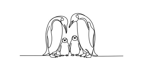 Continuous single line drawing of a cute penguin family with two adult birds and two small baby chicks standing together in a simple artistic style Vector, illustration © SMCM Vector