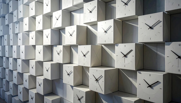 Abstract Geometric Wall of Minimalist White Cube Clocks