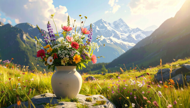 Vibrant wildflowers in ceramic vase against majestic mountain landscape