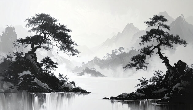 Zen Landscape Ink Painting with Misty Mountains and Pine Trees