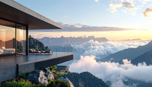 Modern Luxury Villa with Panoramic Mountain View Above Clouds