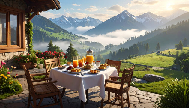 Outdoor Breakfast on Sunny Terrace Overlooking Mountain Valley