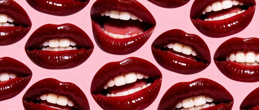 Vibrant red lips showcasing various expressions and glossy finishes