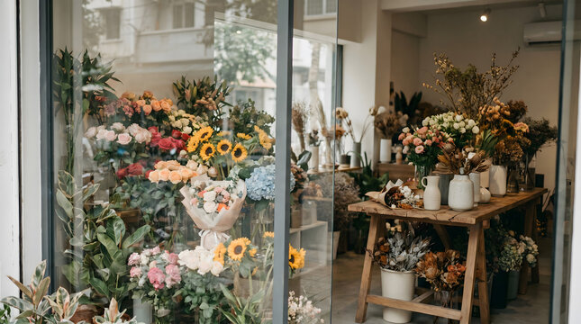 Flower shop window display with fresh flowers and interior arrangement featuring roses sunflowers hydrangeas and dried floral decorations
