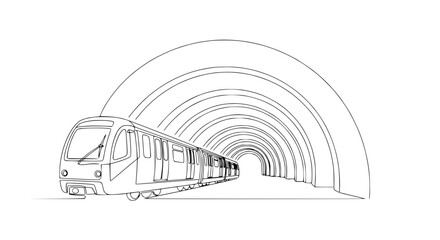 Modern Metro Train Entering Illuminated Tunnel, Continuous Line Art © Atu