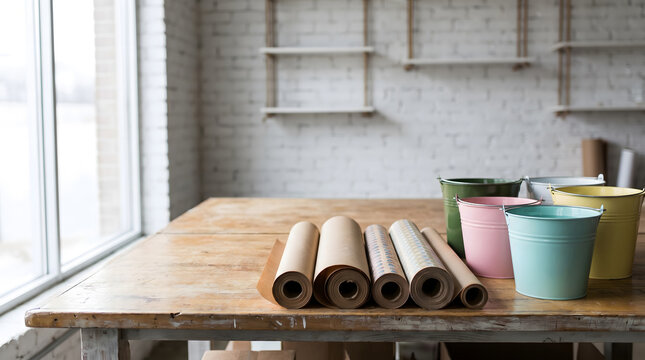 Wooden table with rolled paper and colorful metal buckets in a studio setting