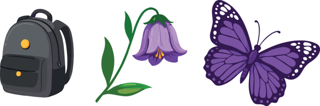 Cute cartoon objects vector illustration set featuring black backpack purple bellflower and violet butterfly flat design