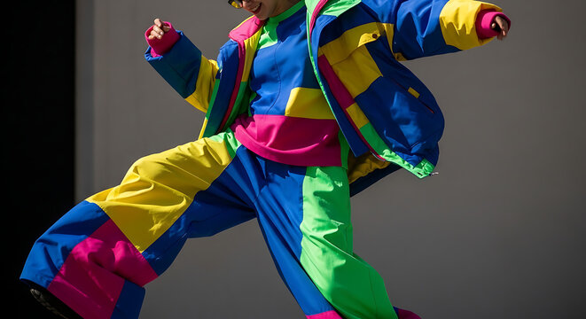 A person in a vibrant, multi-colored patchwork jacket and pants striking a dynamic pose.