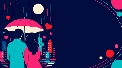 Under the Pink Umbrella: A romantic silhouette of a couple sharing a pink umbrella stands in the rain, overlooking a city skyline under a full moon. Hearts float in the air, symbolizing their love. © Ahmed