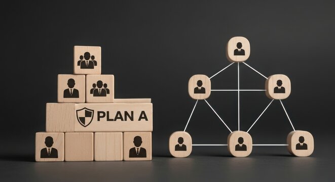 Business team hierarchy levels with shield logo on blocks