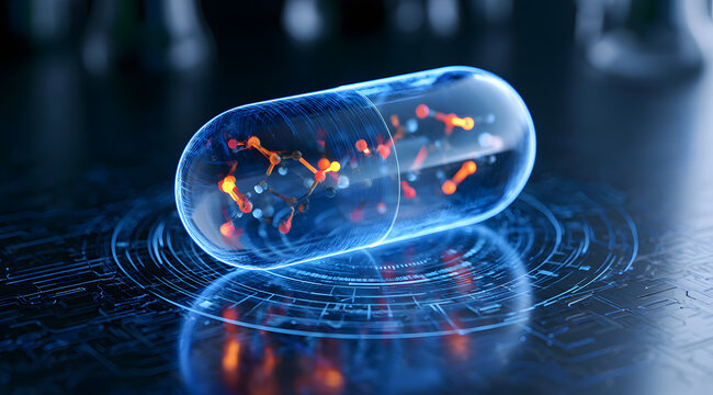 In a sophisticated lab, a luminous digital pill containing molecular information drifts. This concept delves into pharmaceuticals, biotechnology, research, healthcare, drug development, and nanomedici