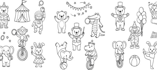 Cute circus animal coloring book page vector set featuring funny cartoon bears clowns elephants monkey on unicycle and big top tent © Sumaiya Akter Sweety