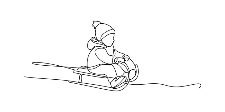 Continuous single line drawing of a cute little child wearing a winter hat and coat sitting and riding on a wooden sled during a fun snowy day Vector, illustration