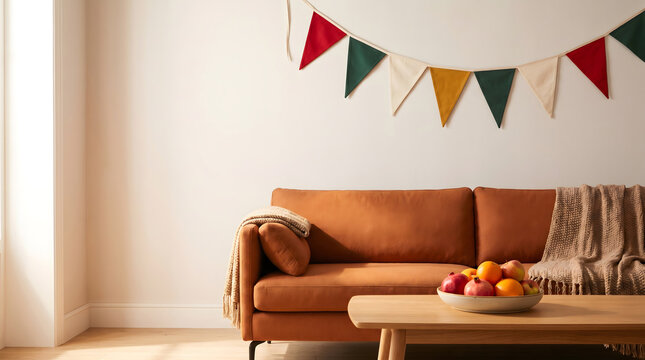 Orange leather sofa in cozy living room with colorful bunting flags and fruit bowl on wooden coffee table
