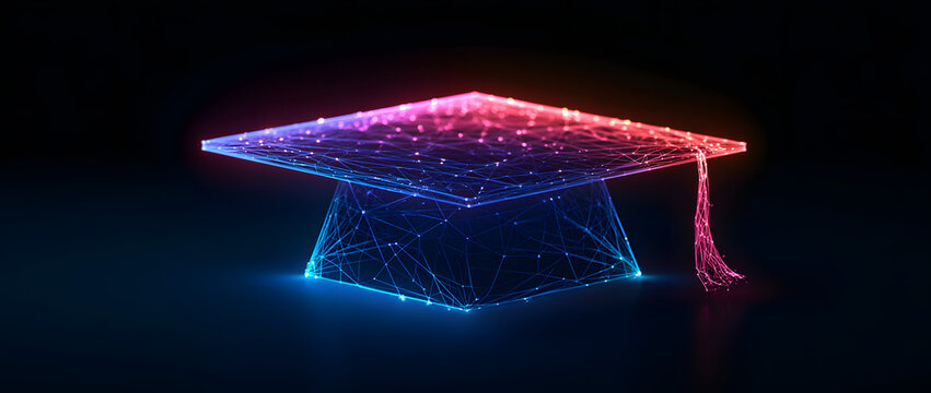 A radiant neon graduation cap illuminated by a digital wireframe pattern on a dark backdrop. Represents modern educational technology for academic accomplishment and learning.