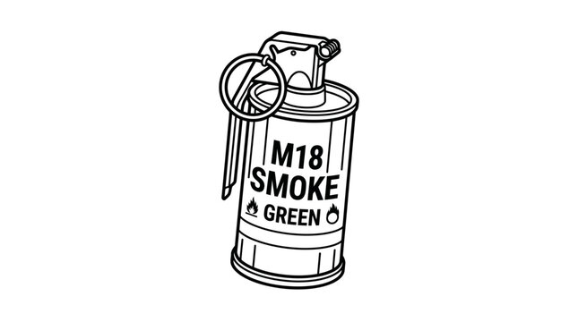 Line drawing of a green M18 smoke grenade with pin and safety clip.