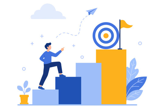 Businessman climbing up bar chart graph to reach target goal vector illustration