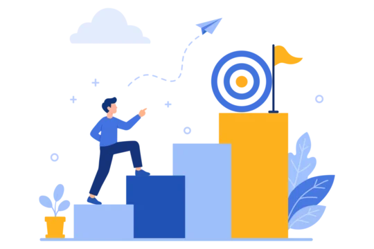 Businessman climbing up bar chart graph to reach target goal vector illustration