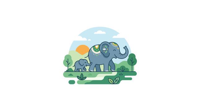 Cute Elephant Family Walking on Green Grass with Trees and Sun