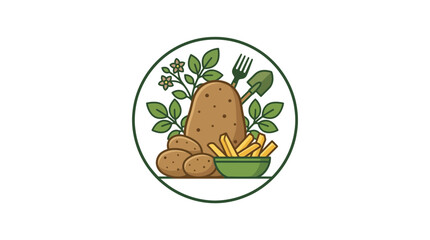 Fototapeta premium Fresh Potato Harvest with Garden Tools and Bowl of Fries Illustration