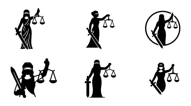 Black Lady Justice silhouette icon collection set.