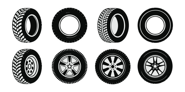 Wheel Tire Icon Design Set for Automotive UI, Websites, and Mechanical Systems Representing Rubber Wheels and Motion