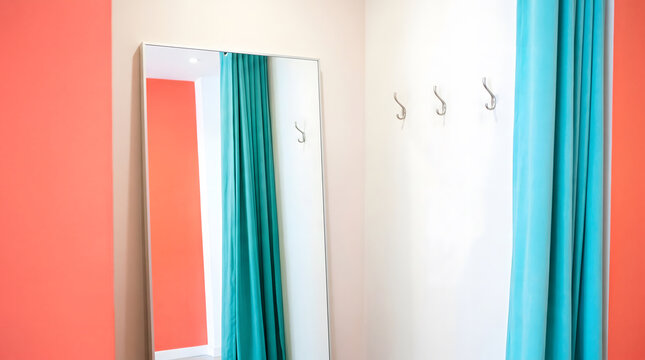 Orange wall white mirror surface blue green curtain dressing room interior