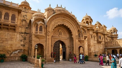 Obraz premium Intricate sandstone archway entrance of a historic Indian palace with people walking.