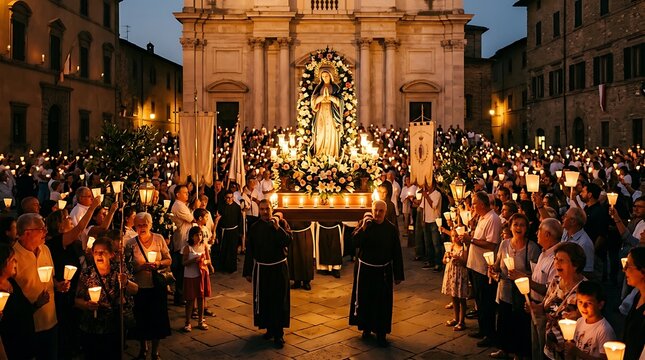 Religious Candlelit Procession with Virgin Mary Statue in Italy