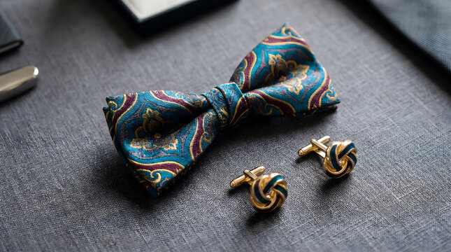 Elegant blue and gold patterned bow tie with metallic knot cufflinks on gray fabric background