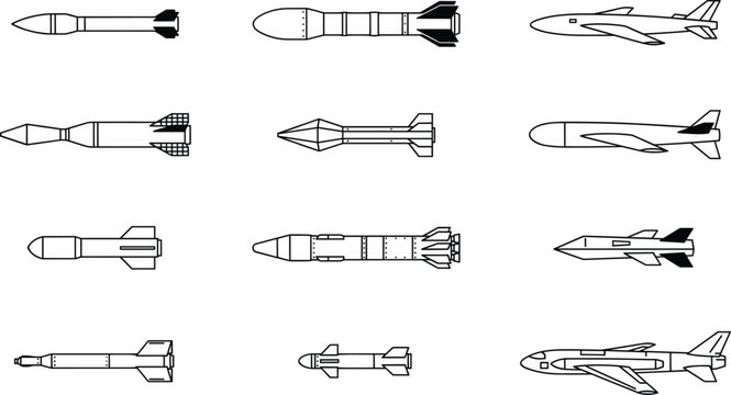 Military missile and rocket outline icon set featuring supersonic ballistic weapons cruise missiles torpedoes and air force ammunition vector illustration collection,
