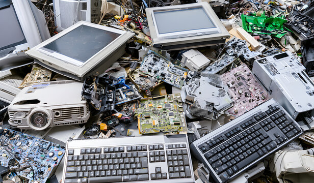 A heap of obsolete electronic gadgets such as computer monitors, circuit boards, projectors, and computer parts, symbolizing electronic waste (e-waste), is being considered for recycling