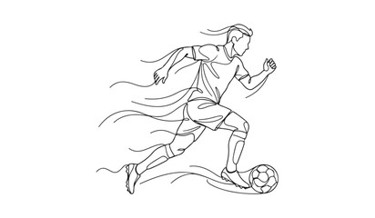 Fototapeta premium Soccer player running with ball continuous line art vector illustration isolated on white background.