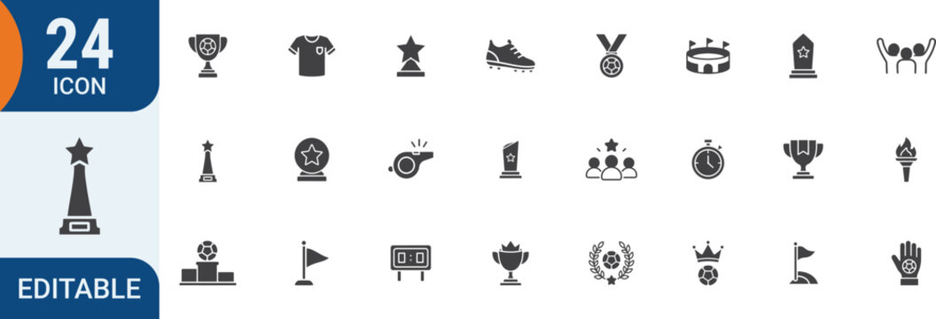 Editable 24 filled icons for sports achievements vector illustration