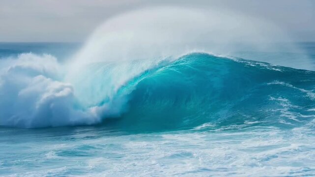 A powerful turquoise wave crashes with white foam against a hazy sky, showcasing the raw beauty of the ocean.
