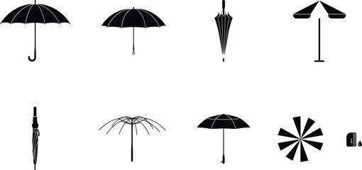 Umbrella solid silhouette icon set showing open closed folded classic parasol beach sunshade skeleton frame and top view graphic elements vector illustration, © ms