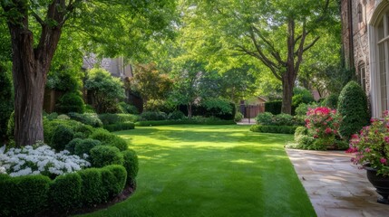 Obraz premium Well-manicured lawn surrounded by lush greenery, colorful blooms, and stone pathways on a sunny day. A serene residential garden setting.