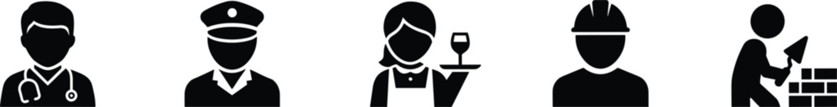 Profession and labor avatar icon set featuring solid silhouettes of a medical doctor police officer waitress engineer and bricklayer construction worker vector,