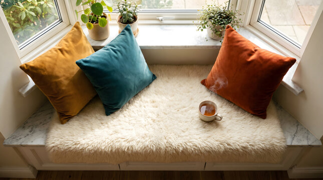 Window seat with fluffy white cushion three colorful pillows and a teacup surrounded by potted plants