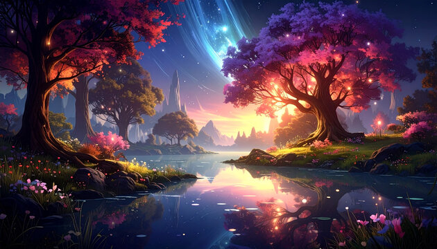 Magical Fantasy River with Glowing Pink Trees and Cosmic Night Sky