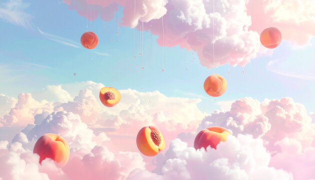 Surreal peaches floating in pastel pink dream clouds and blue sky