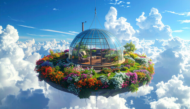 Floating Garden Greenhouse Above the Clouds Fantasy Concept
