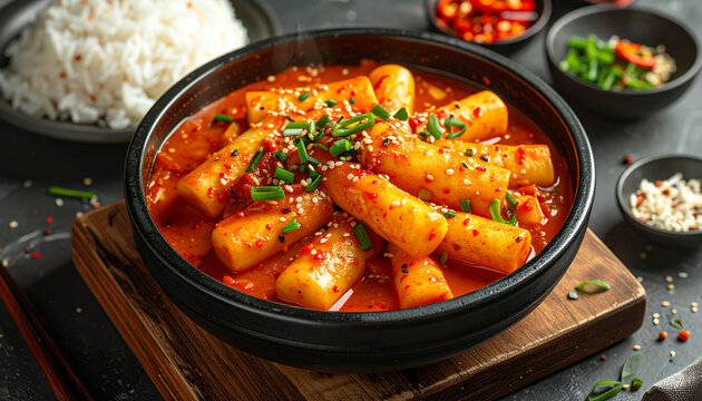Spicy Korean Tteokbokki Rice Cakes with Chili Sauce and Side Rice