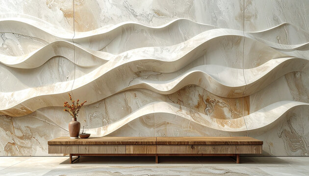 Elegant 3D Wavy Marble Wall with Minimalist Wooden Console Table