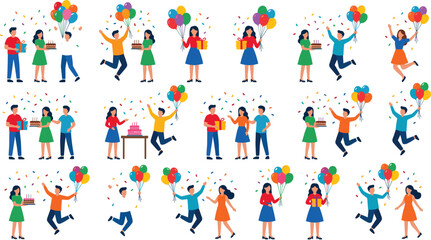 Fototapeta premium Happy people celebrating birthday party vector illustration set with characters holding balloons cakes and gifts