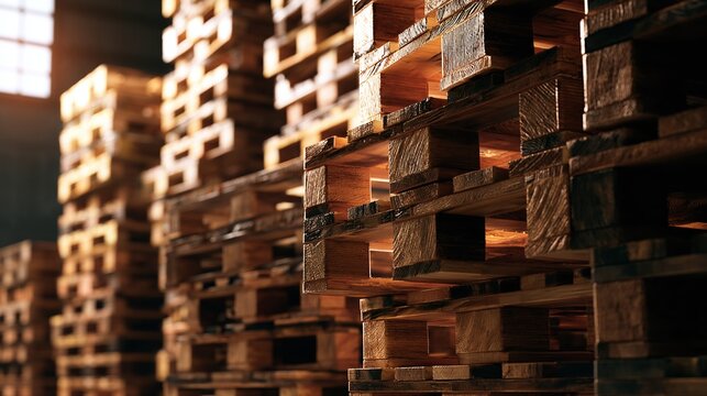 Rows of wooden pallets stacked high in a dimly lit warehouse, ready for shipping and storage, illuminated by a warm light source creating a sense of depth and industry