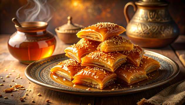 Sweet Baklava Pastries with Honey and Sesame Seeds on Vintage Plate