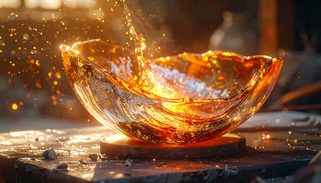 Artistic Amber Glass Bowl with Molten Fire and Glowing Sparks
