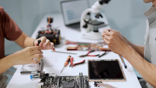 Two young asian engineers working together, assembling and repairing electronic components like a hard drive and a motherboard in a modern technology classroom with various tools